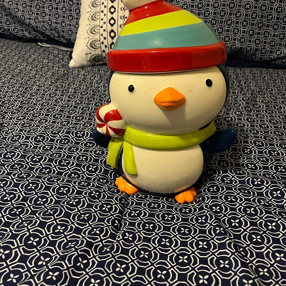 Red and Green penguin cookie jar